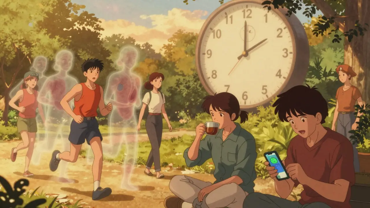 Diverse group in park at golden hour with fading hunger ghosts and floating fasting clock.
