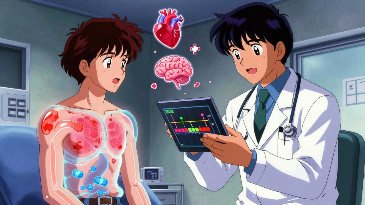 Doctor and patient reviewing drug timeline with glowing side effect overlays in retro anime