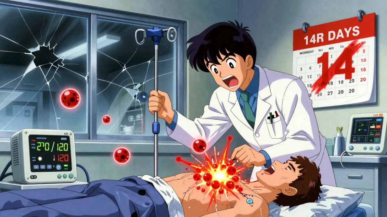 Doctor giving IV treatment in ER as patient's blood pressure spikes dangerously high