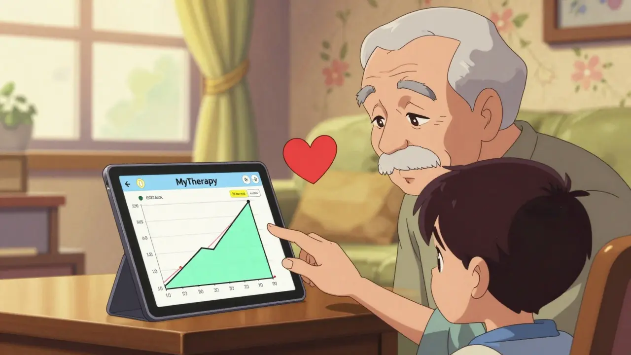 Elderly man and grandson reviewing medication adherence progress on a tablet in warm, cozy home.