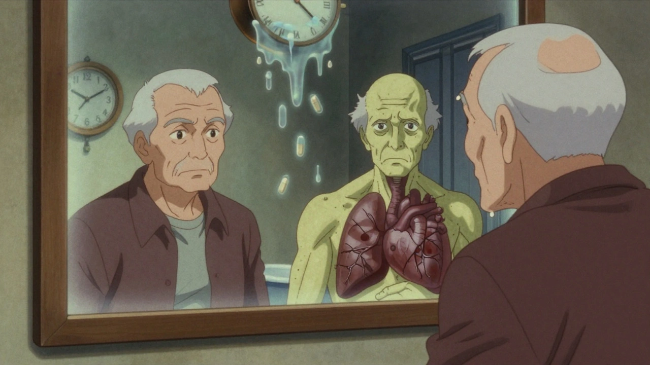 Elderly man sees his toxic reflection in a mirror, pills raining down in retro anime aesthetic.