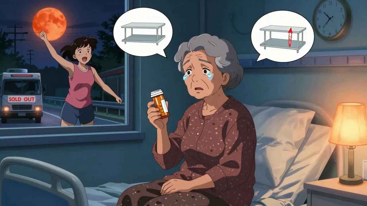 Elderly woman in hospital holding an empty pill bottle, her reflection showing a healthier past.