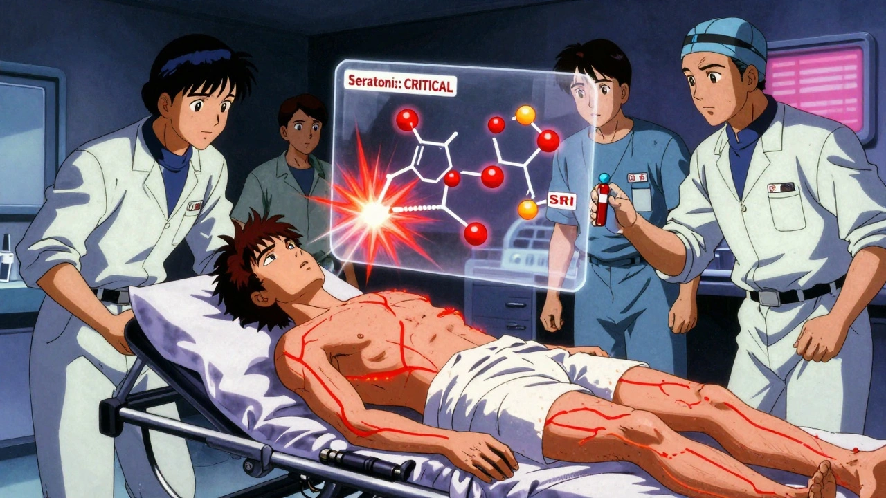 Emergency room patient with fever lines and serotonin explosion overlay in retro anime style.