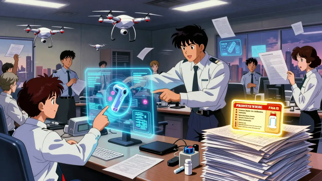 FDA inspectors review holographic drugs with AI drones in a retro anime setting.