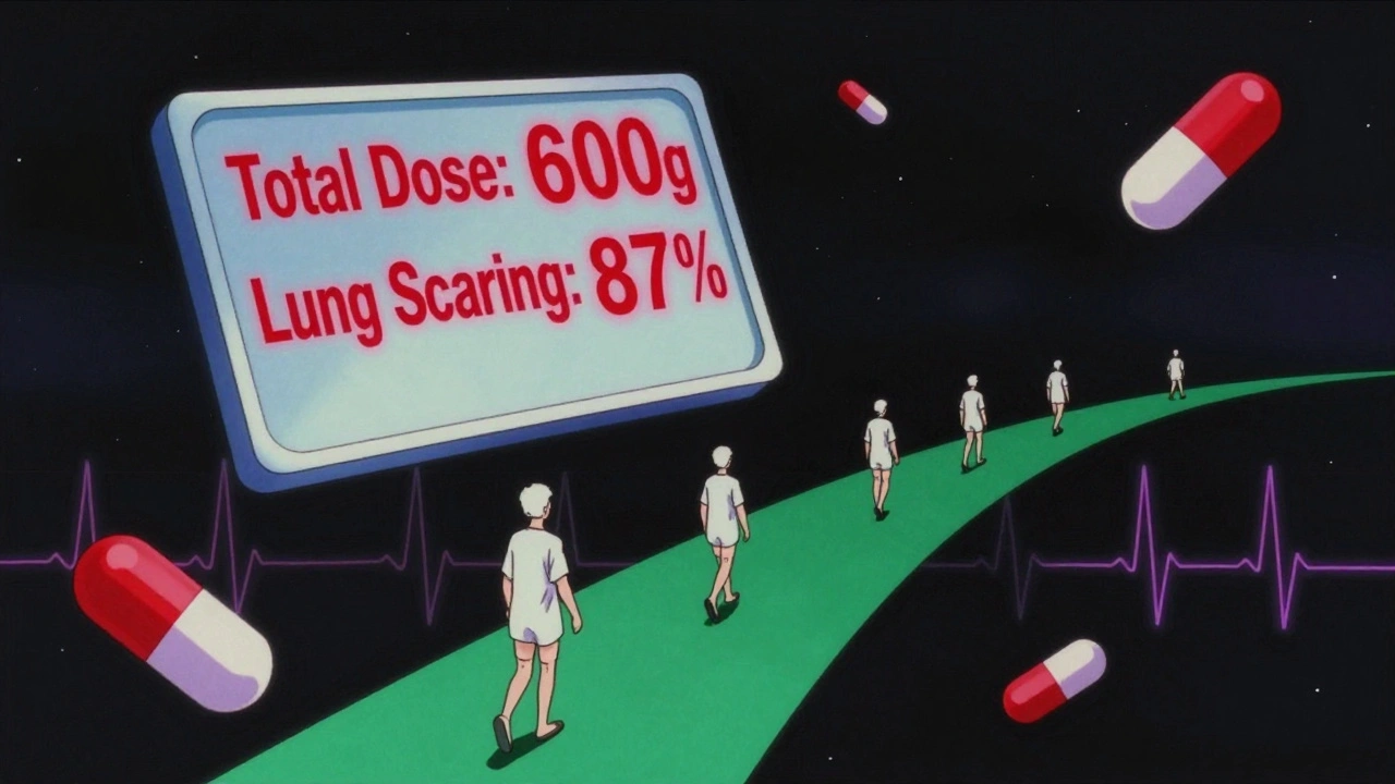 Floating medical chart with rising dose numbers and fading patient silhouettes in vintage anime style.