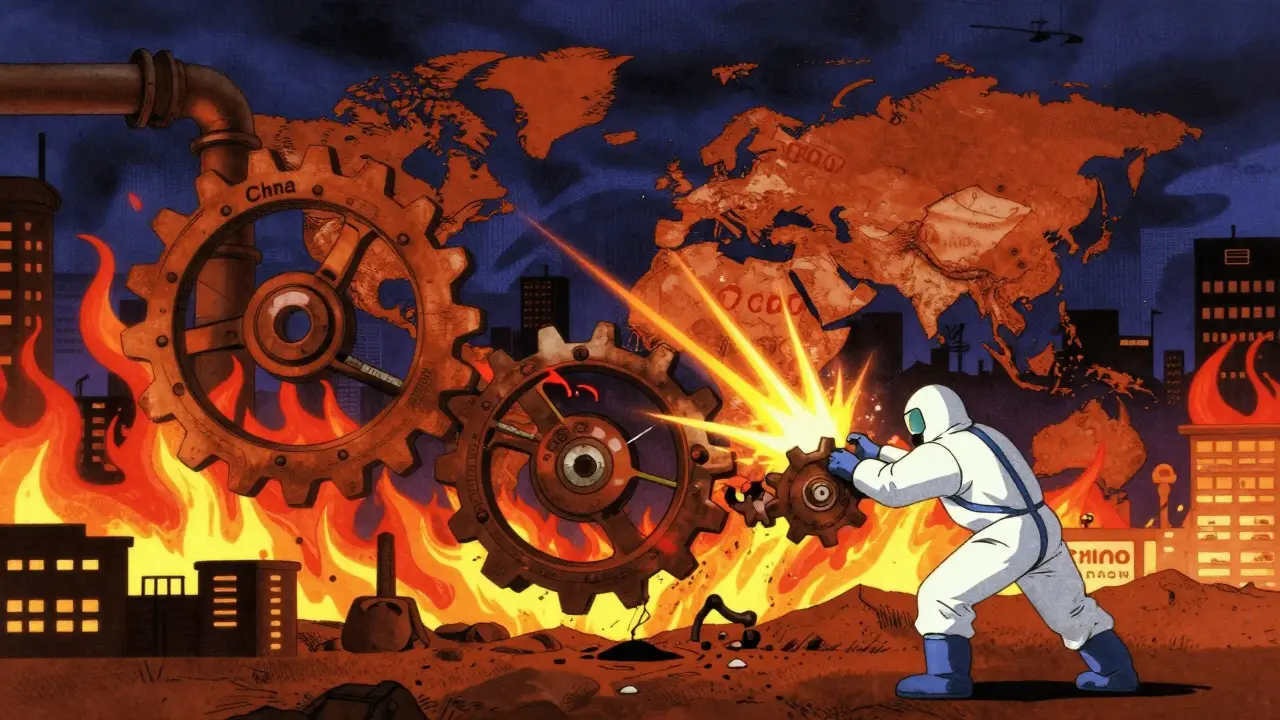 Fragile global supply chain gears breaking, with factory fires and a worker trying to repair the link.