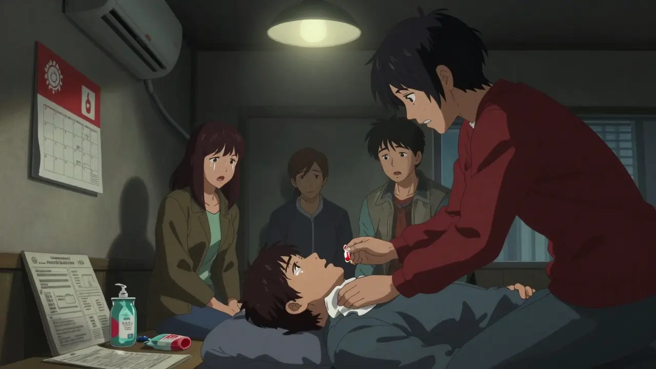 Friends in a cool room one administers naloxone to an unresponsive person during a heatwave.