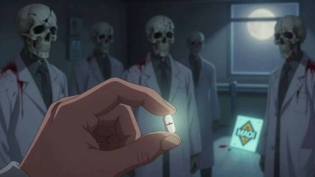 Hand putting ephedrine pill in pocket while ghostly victims watch silently
