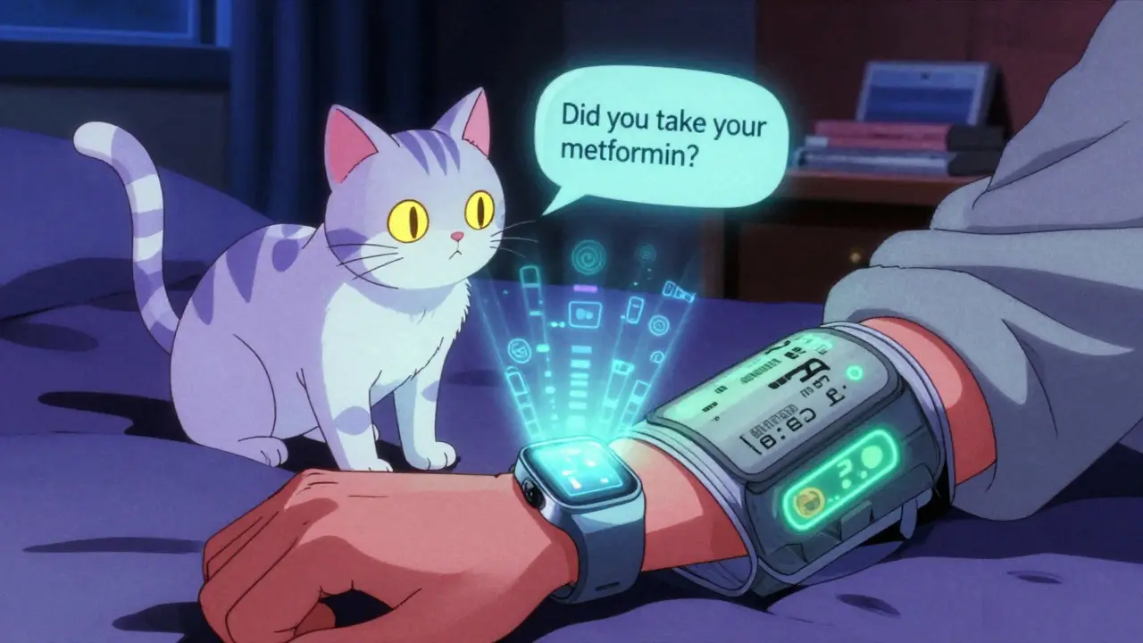 Holographic anime cat AI assistant reminds user to take medication via smartwatch projection.
