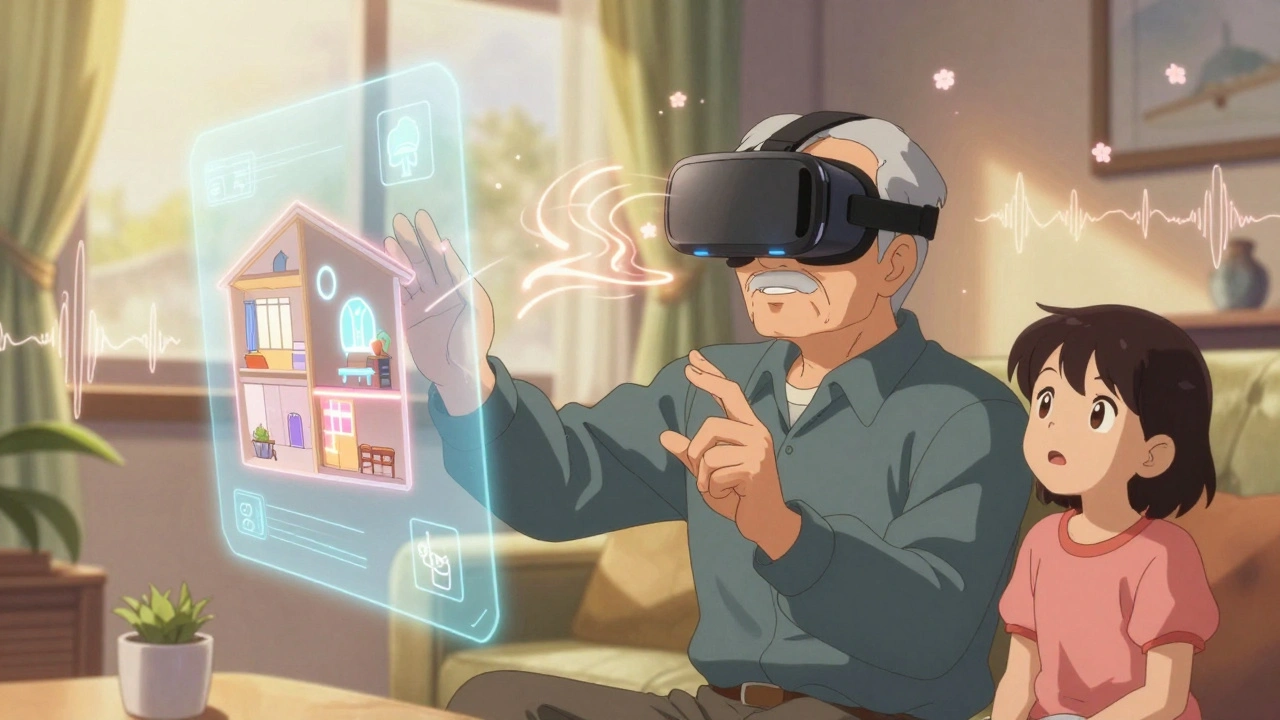 Older man in VR headset navigating a virtual apartment, with animated eye-tracking trails and holographic objects floating around him.