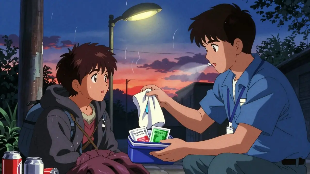 Outreach worker giving a cooling kit to a homeless person under a streetlamp at dusk.