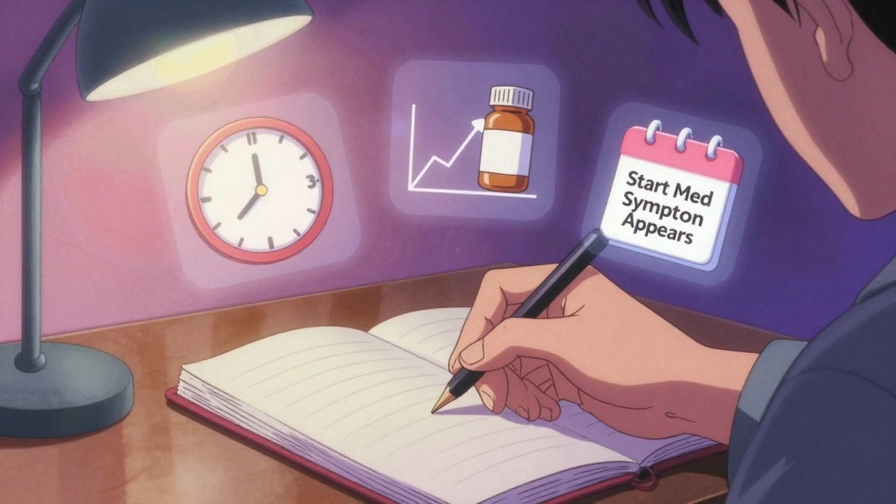Patient journaling symptoms with floating icons of time and medication in retro anime