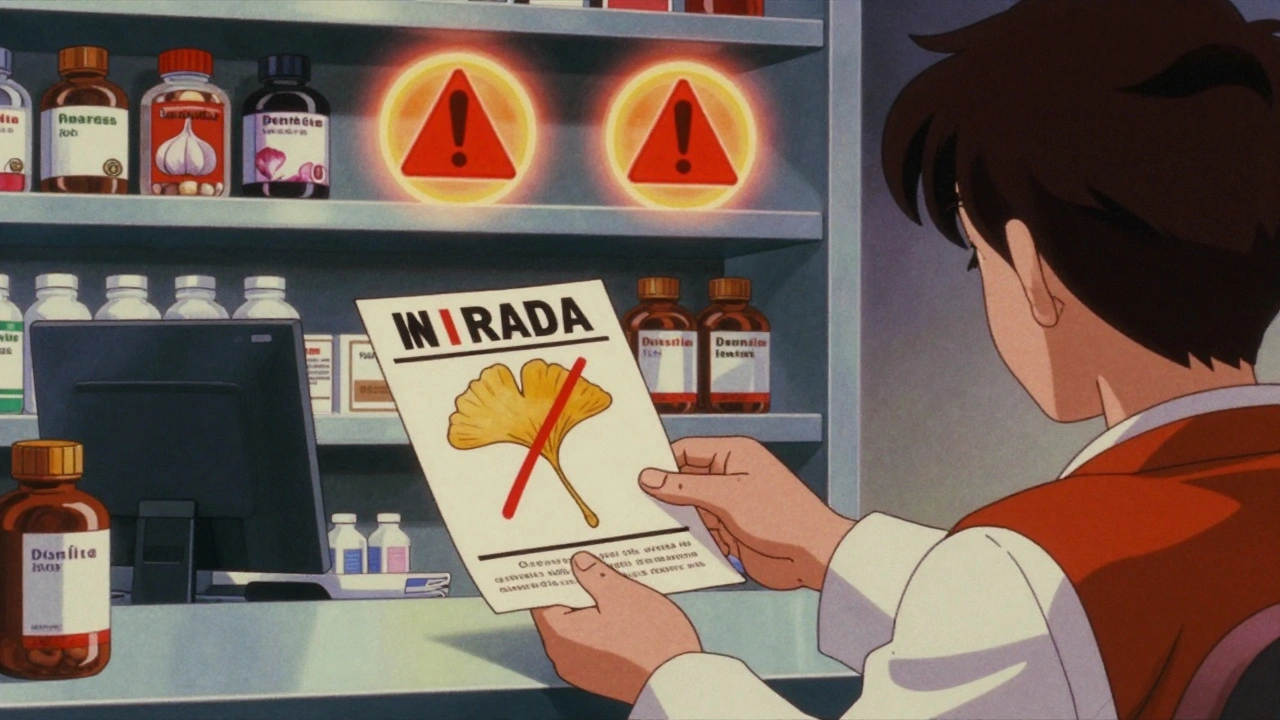 Pharmacist giving warning flyer about Ginkgo and other blood-thinning supplements.