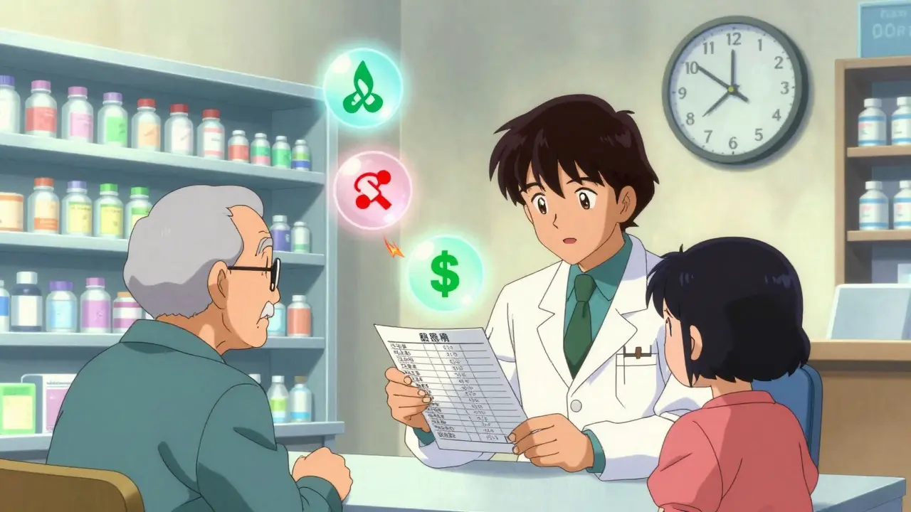 Pharmacist reviewing meds with senior and family in a pharmacy, floating icons show drug interactions and savings.