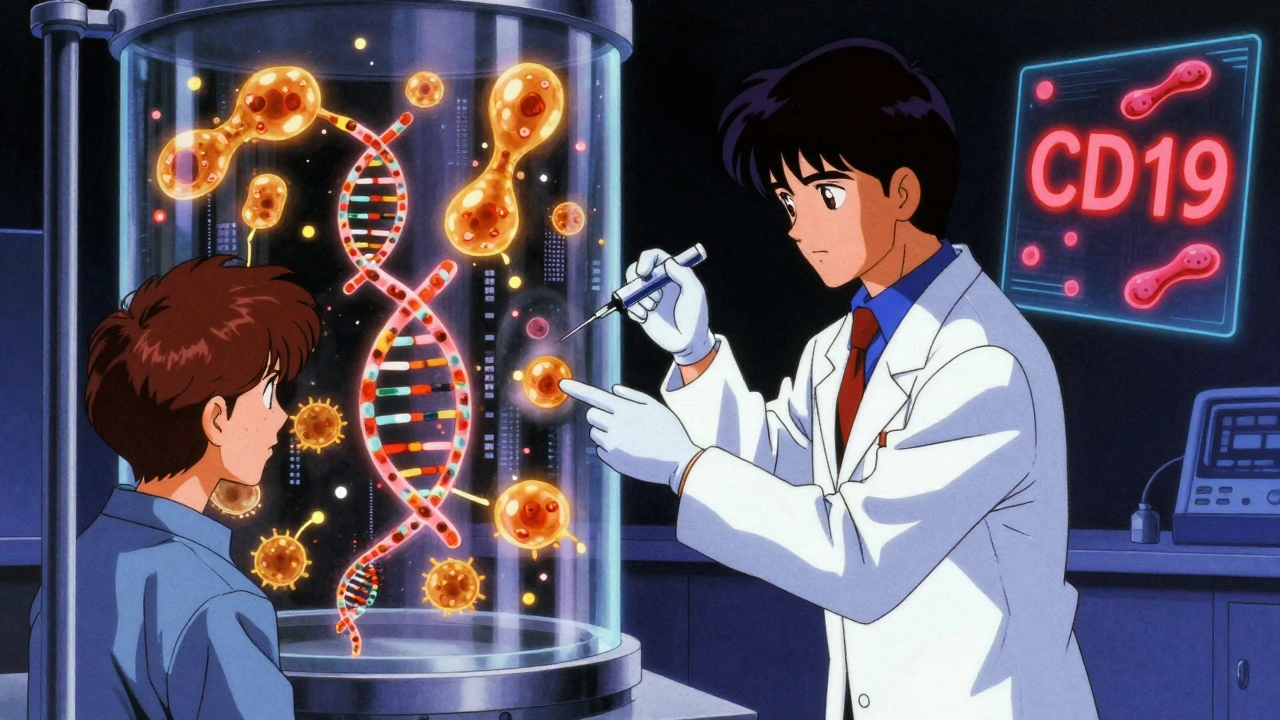 Scientists engineer CAR-T cells in a glowing lab with holographic protein targets in retro anime style.