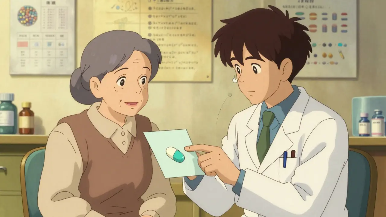 Senior and doctor reviewing a combination pill diagram in a warm, softly lit clinic room.