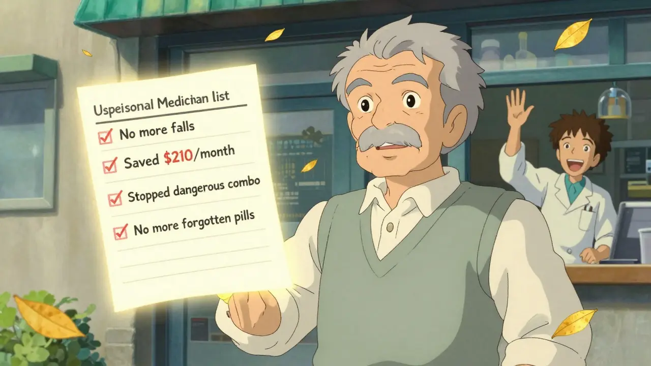 Senior holding updated medication list outside clinic, glowing icons of health wins float in the air.