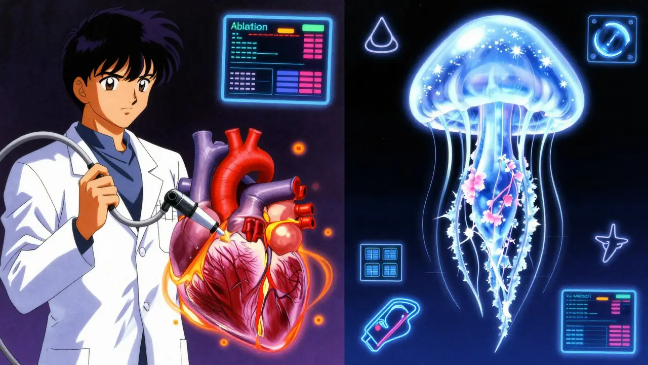Side-by-side scenes of radiofrequency heat and cryoablation techniques with digital readouts in 80s anime aesthetic.