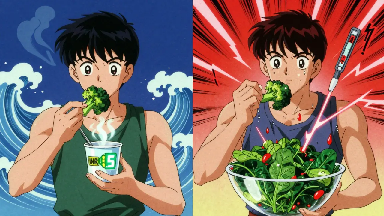 Split scene: man with stable INR vs. spiked INR after eating spinach, dramatic anime lighting.
