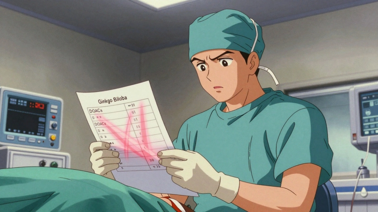 Surgeon pausing in operating room, concerned about Ginkgo and blood thinner interaction on chart.