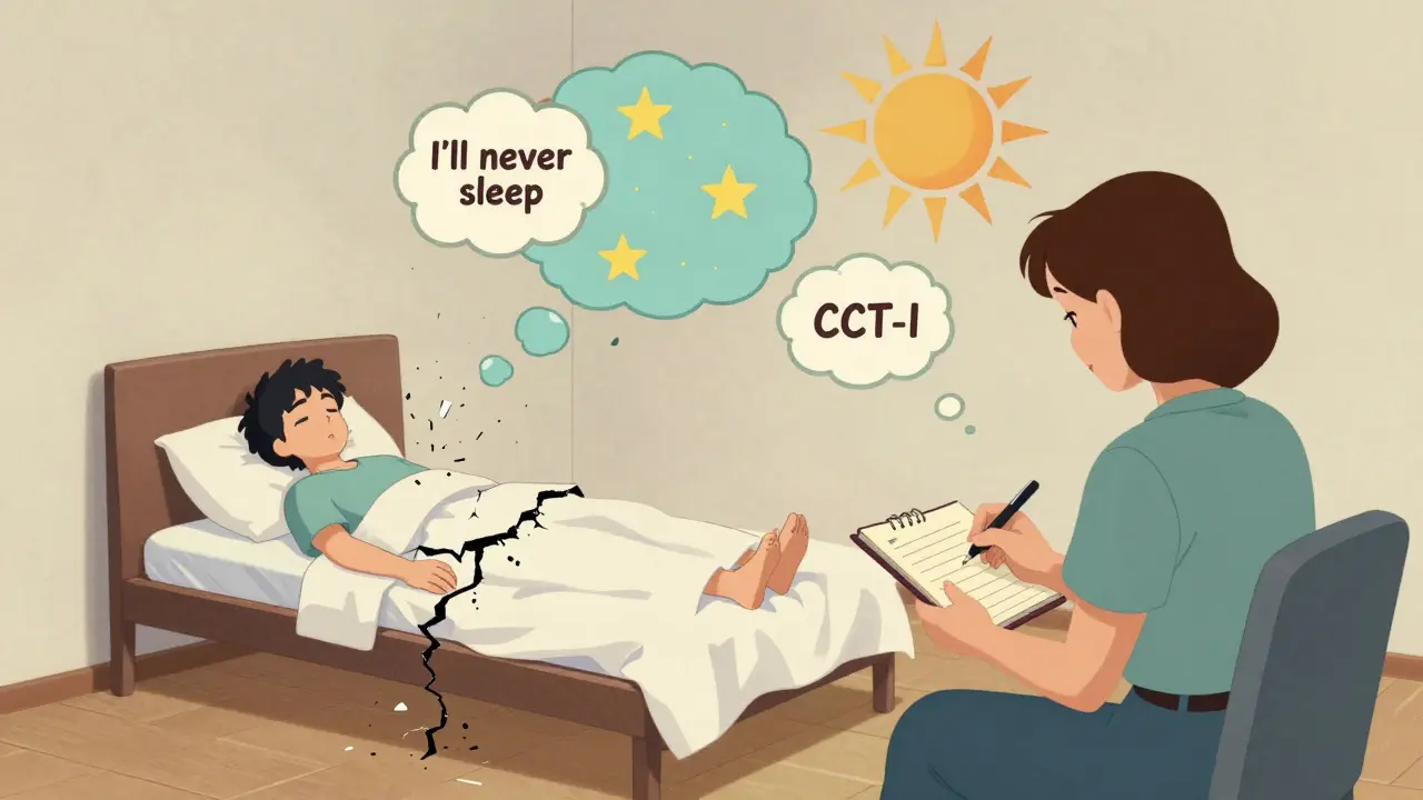 Therapist and patient in a quiet room as negative thoughts shatter and are replaced by serene symbols of sleep recovery.