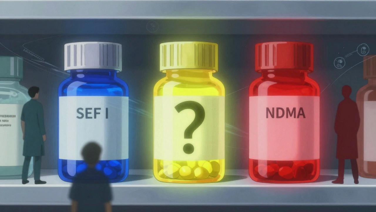 Three glowing pill bottles on a shelf, each with different safety levels, surrounded by haunting inspection data.