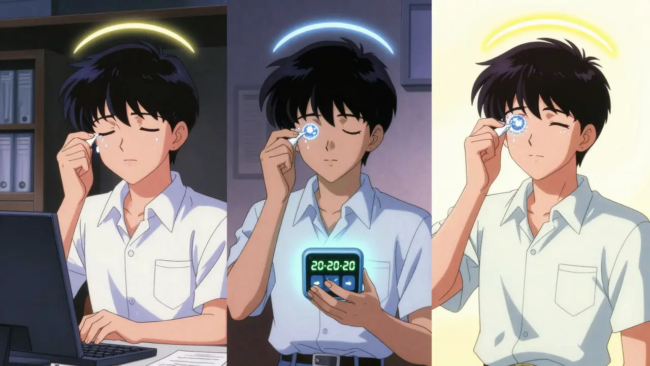 Three people practicing CVS prevention—blinking, using a timer, and applying eye drops—with glowing relief effects in retro anime style.