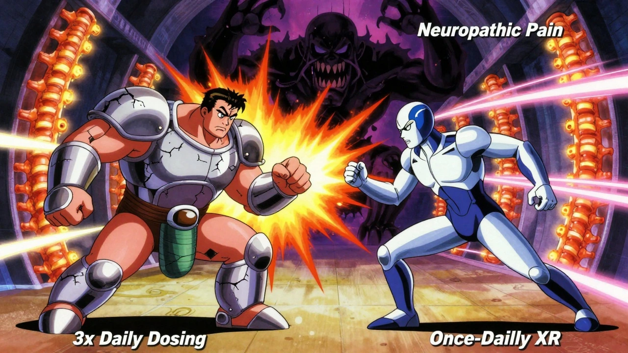 Two stylized pill warriors battling a pain monster in a spinal corridor, one bulky and slow, the other sleek and fast.