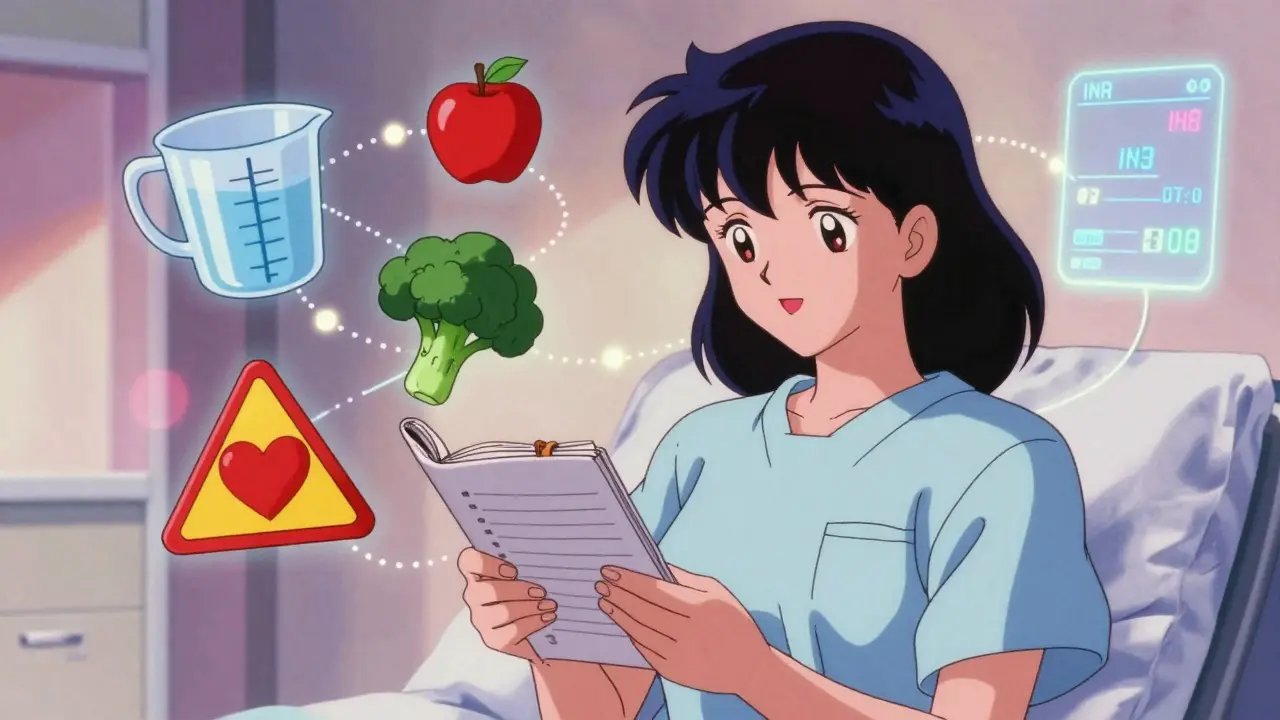 Woman holding food log with floating meal icons and AI INR predictor in hospital setting.