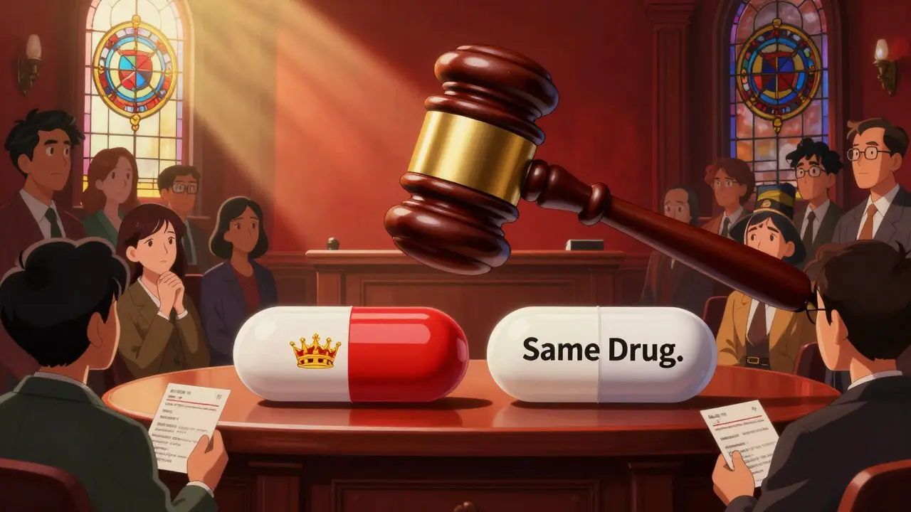 A courtroom with a pill-shaped gavel above a split table: brand logo vs. plain capsule, patients watching in shadows.