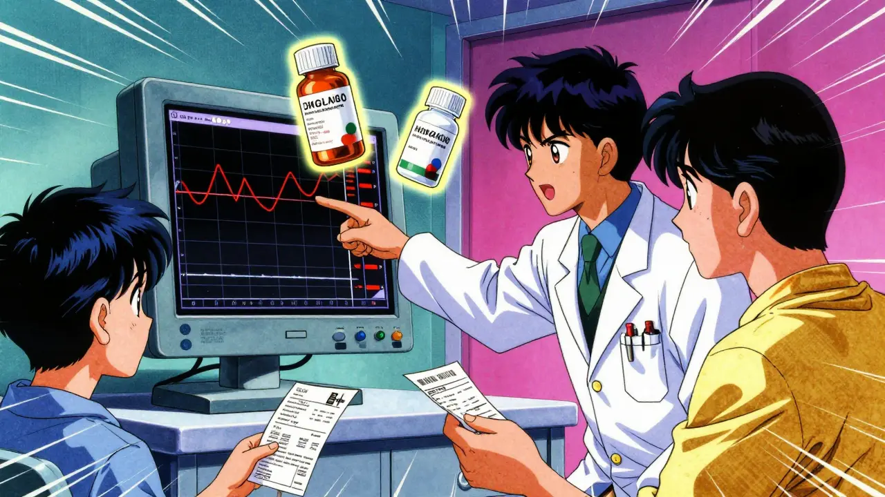 A doctor and patient face off against fluctuating drug level graphs in a hospital clinic, retro anime style.