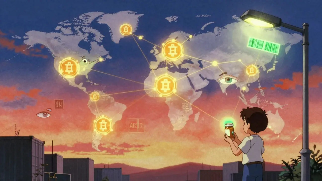 A futuristic drug supply chain pulses with digital nodes and blockchain symbols, a child holds a safe pill under a streetlamp in retro anime style.