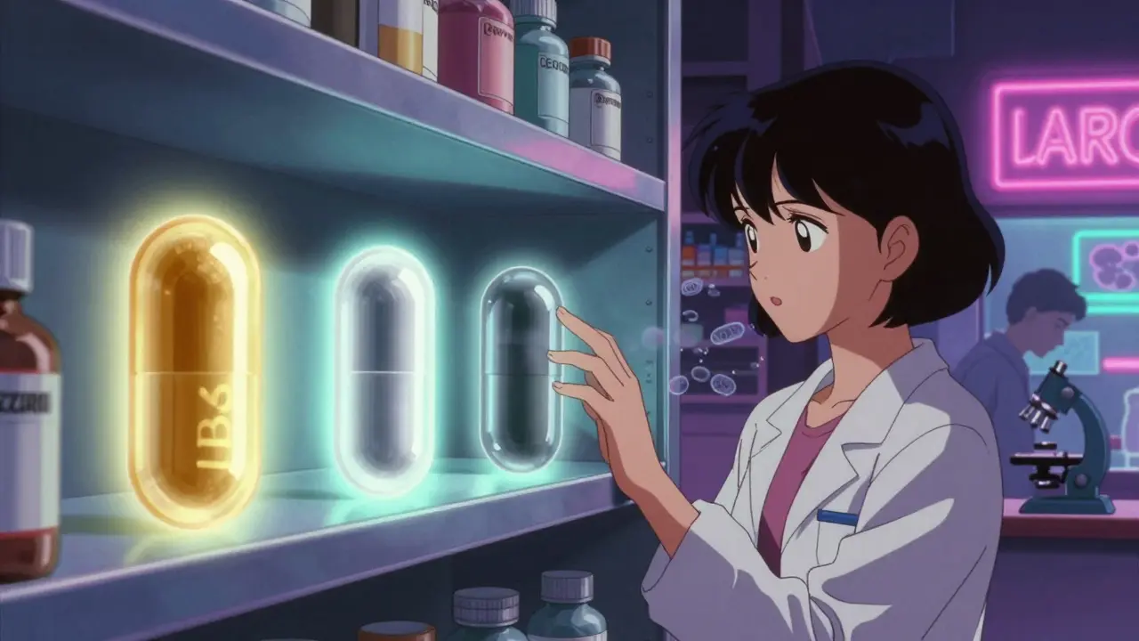 A girl choosing a premium peppermint oil capsule on a glowing pharmacy shelf with symbolic aura differences.