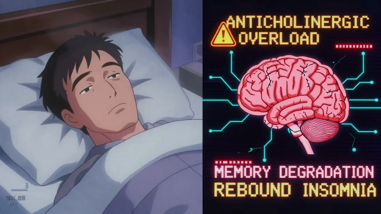 A groggy man waking up with a glitching brain showing warning signs of sleep aid side effects.