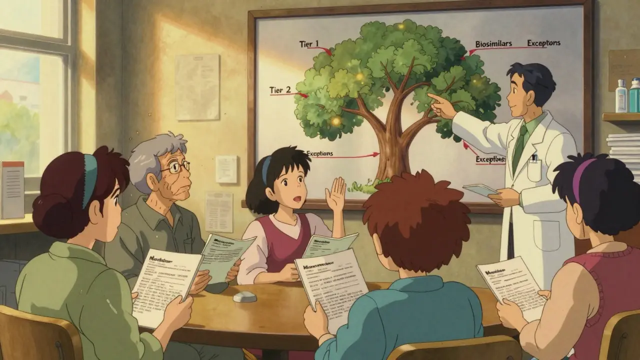 A group of seniors and a pharmacist gathered around a glowing formulary tree in a community center.