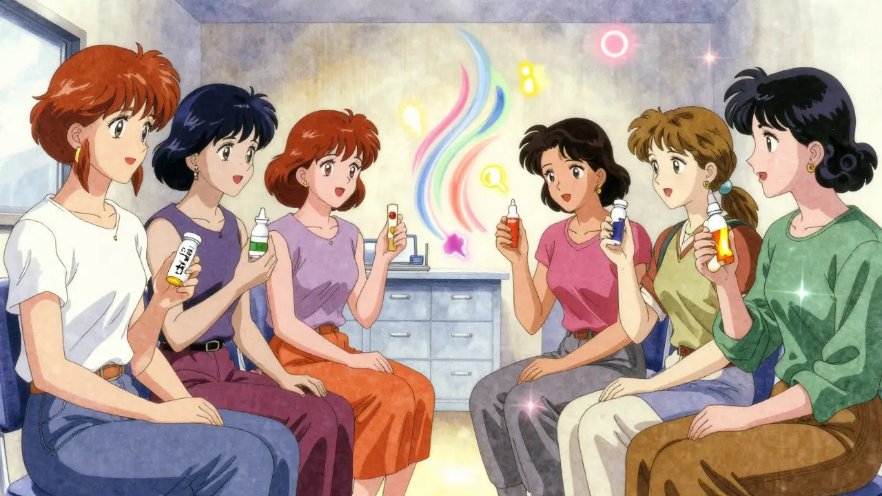 A group of transgender people in a clinic with glowing medication interactions, in retro anime style.