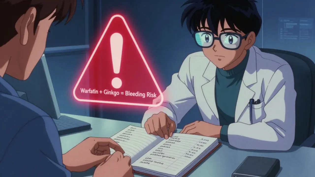 A patient's notebook with supplement details lies on a doctor's desk, surrounded by digital interaction alerts.