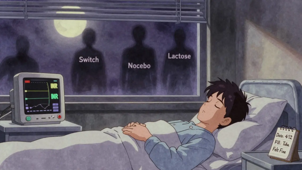 A patient sleeps peacefully as shadowy causes of side effects fade away under moonlight.