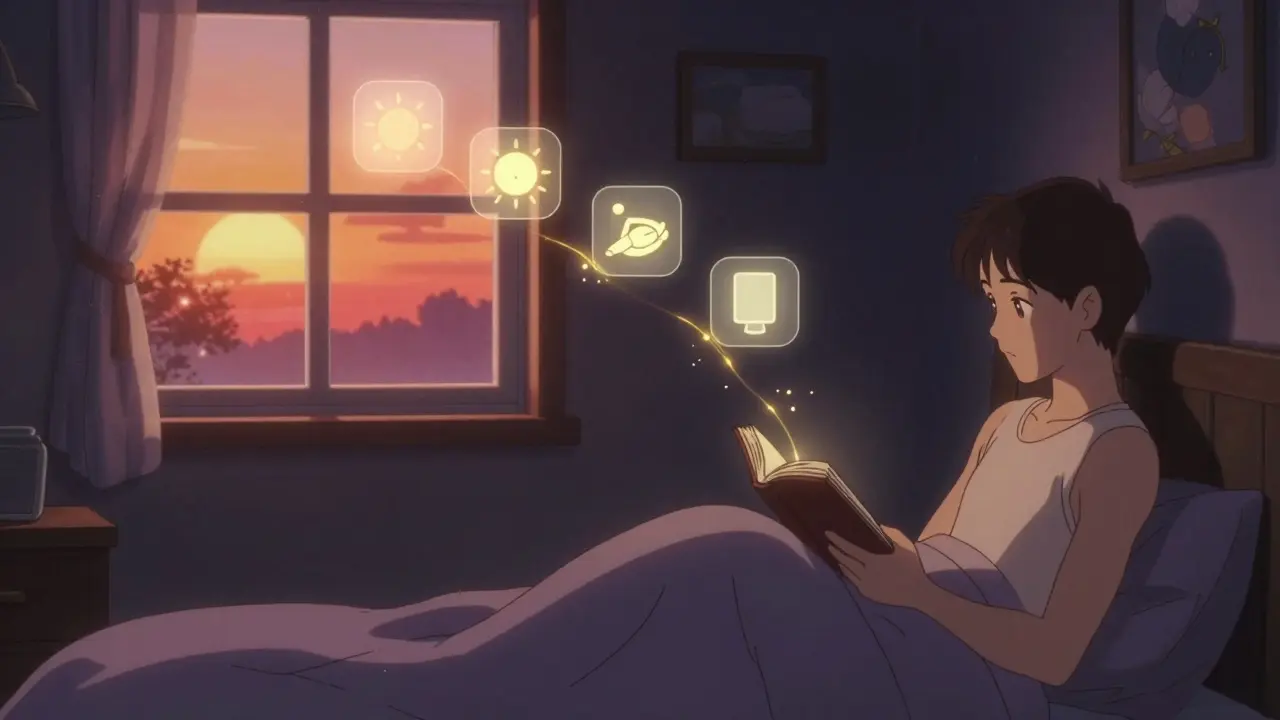 A person reading peacefully at night with glowing sleep habits floating around them.