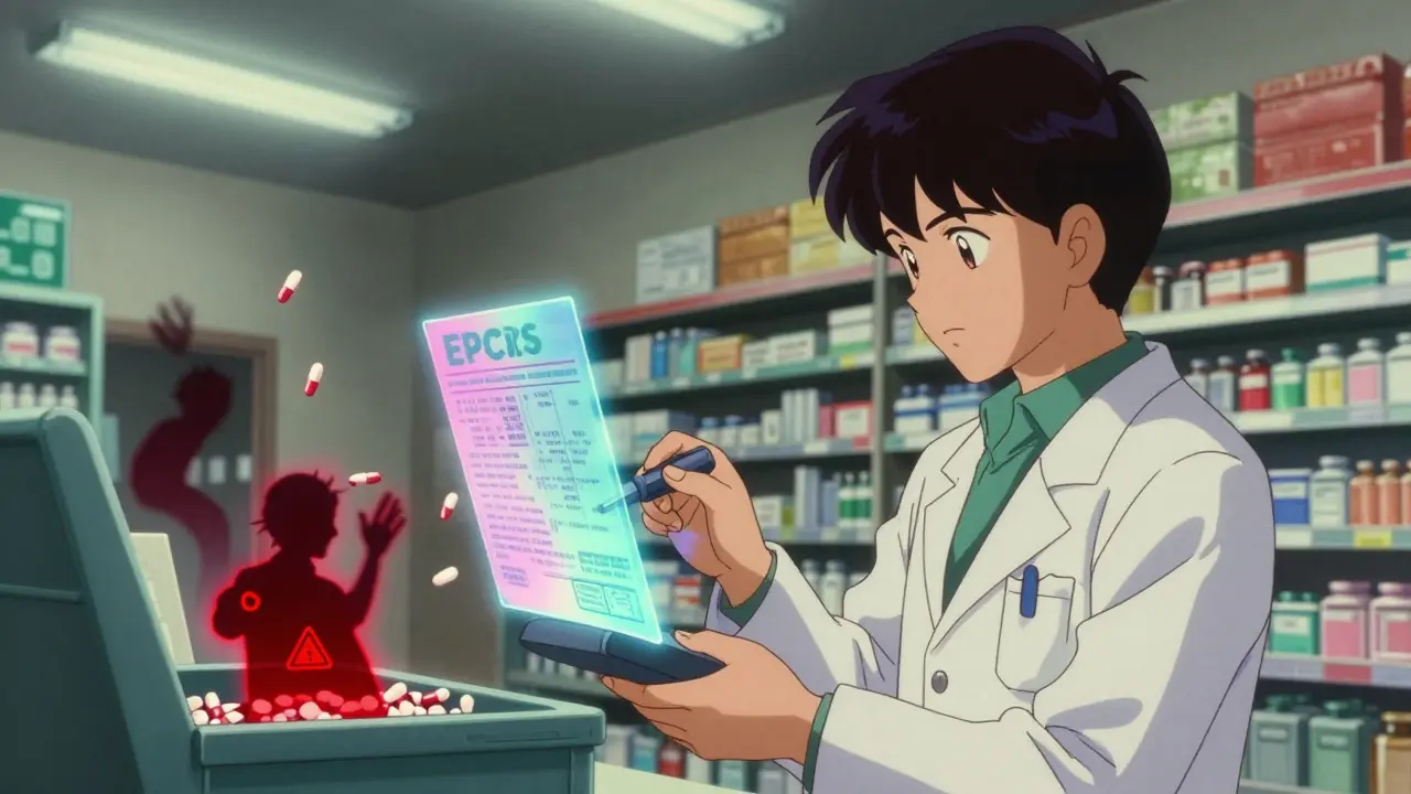 A pharmacist scans a prescription as holographic data glows around them, counterfeit pills flickering with red warnings in a vintage anime setting.