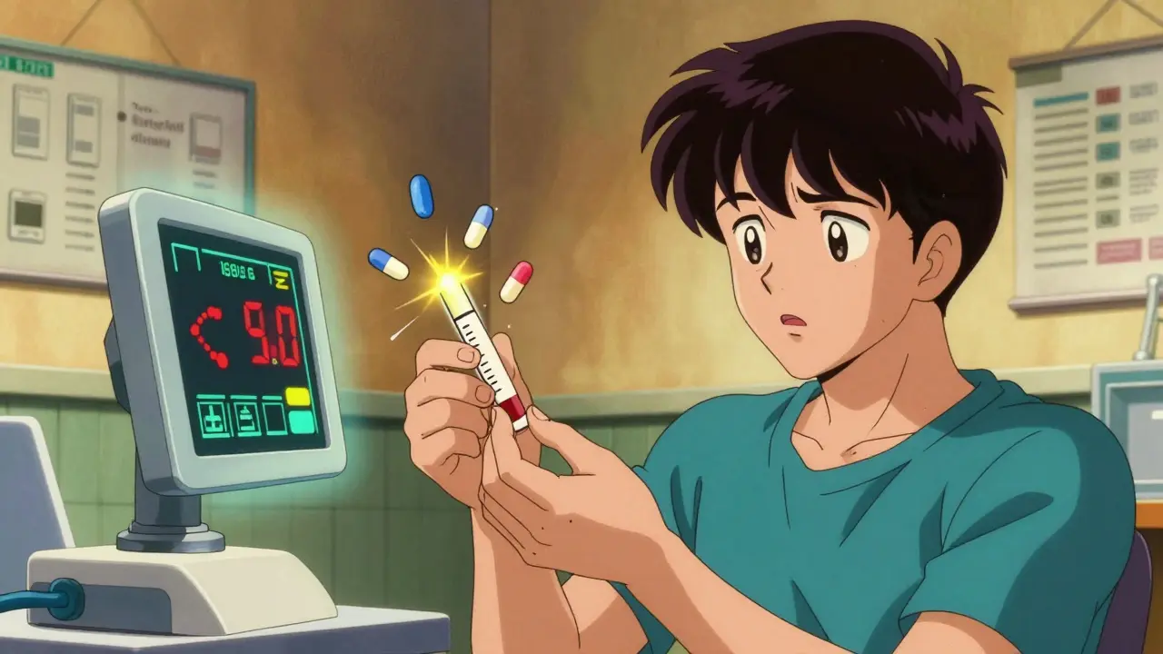 A transgender man getting a blood test with hormone and drug molecules floating nearby, in retro anime style.