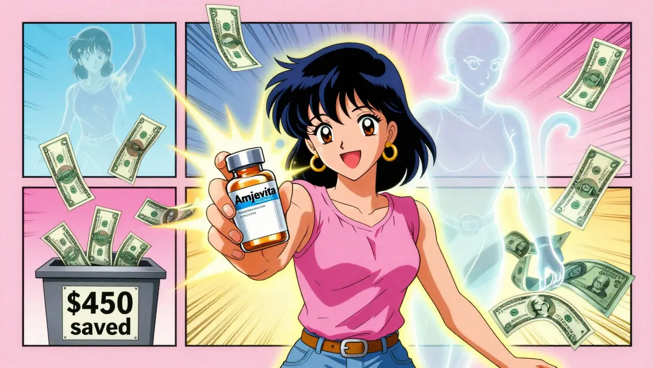 A woman happily holding a biosimilar pill bottle while dollar bills fall around her.