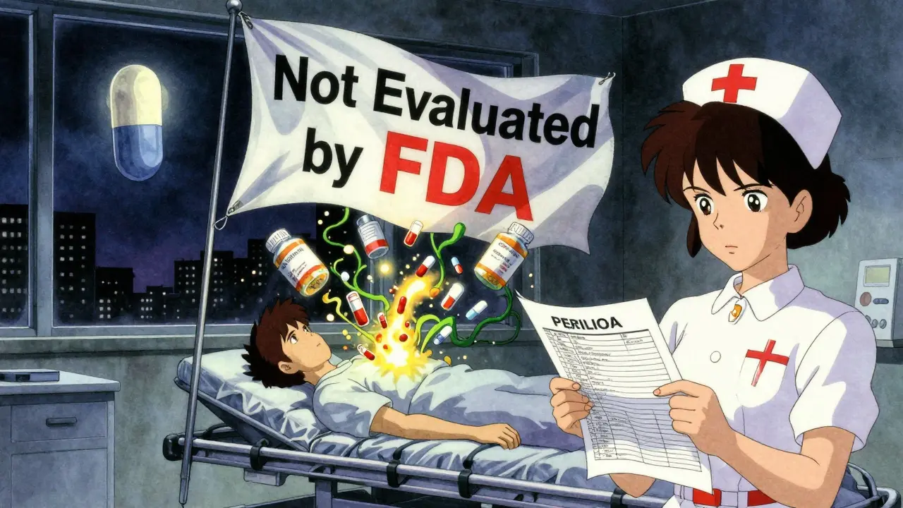 An ER scene with exploding supplement bottles and a floating FDA disclaimer under a pill-shaped moon.