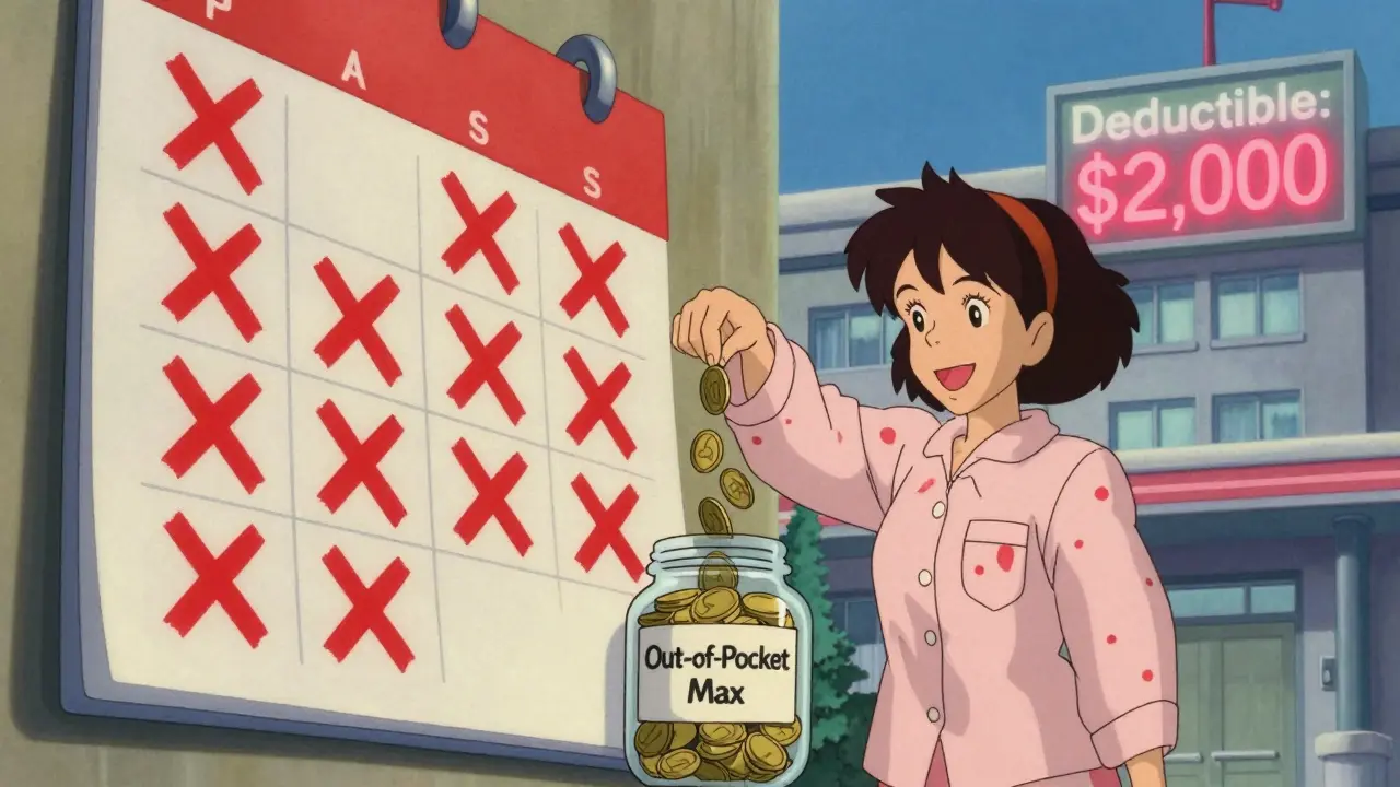 Calendar with monthly prescription refills filling a jar labeled out-of-pocket maximum