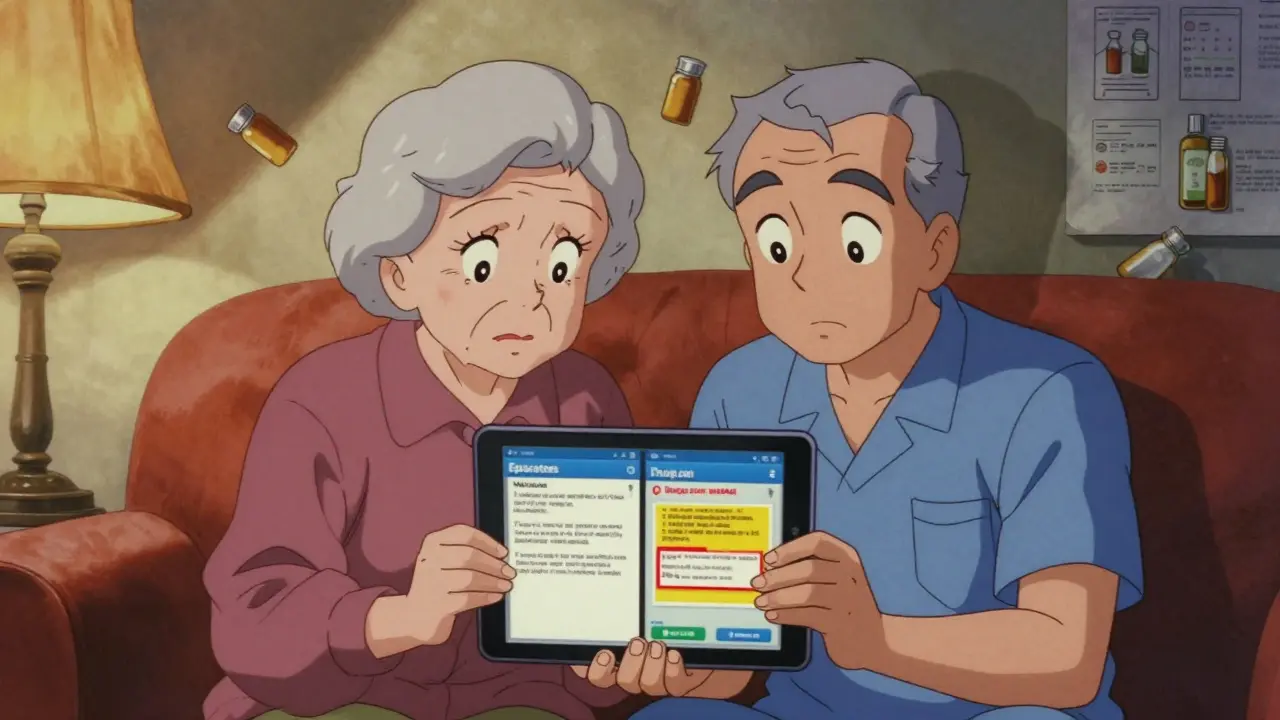 Caregiver and elderly person reviewing medication apps together, one showing an ad blocking critical alert.