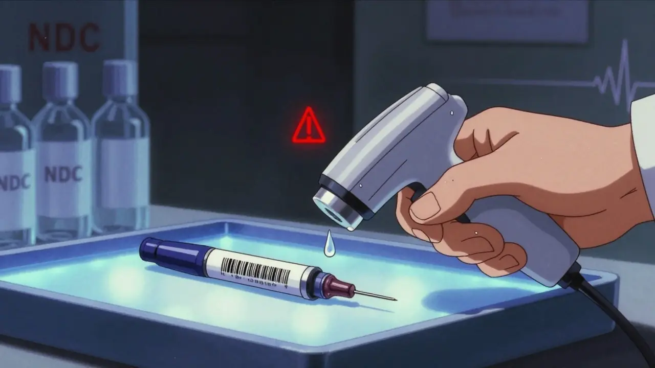 Close-up of an insulin pen with smudged barcode under blue LED light, warning symbol floating above.