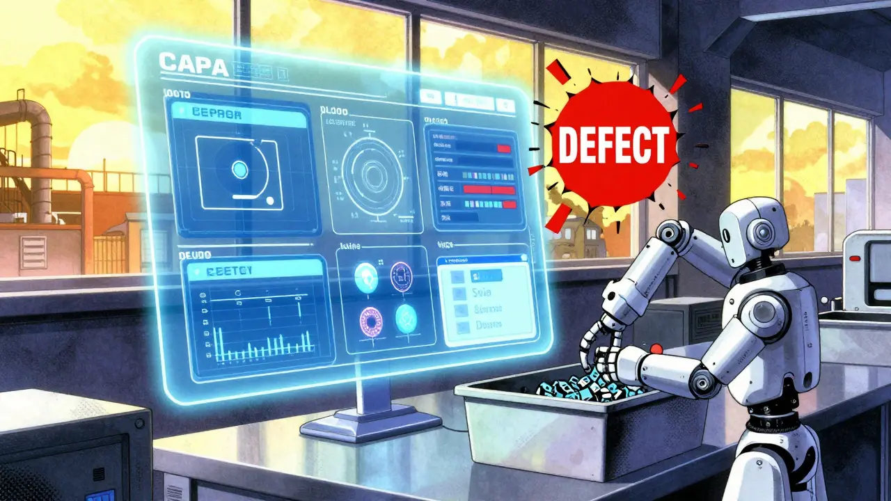 Digital CAPA system interface linking sensor data to verified parts, with shattering defect icon in retro anime style.