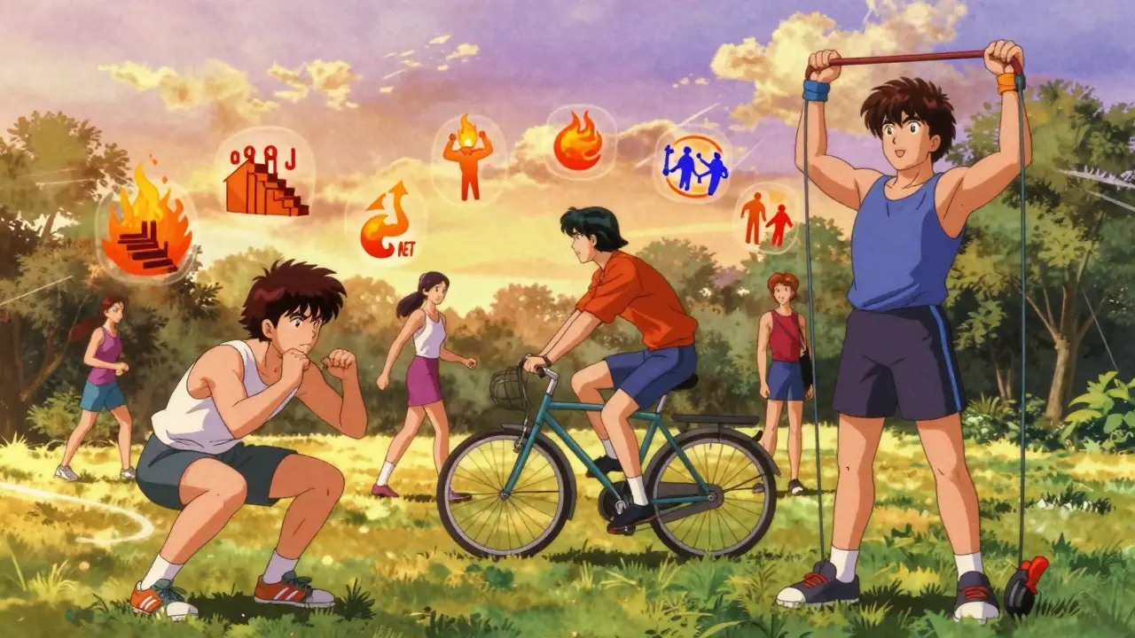 Diverse group exercising in park with floating fitness icons, golden hour lighting