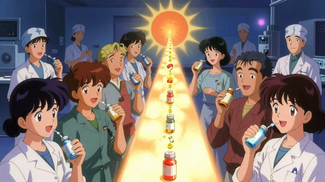 Diverse transplant recipients take daily meds with a path of organs leading to a sun, retro anime aesthetic.