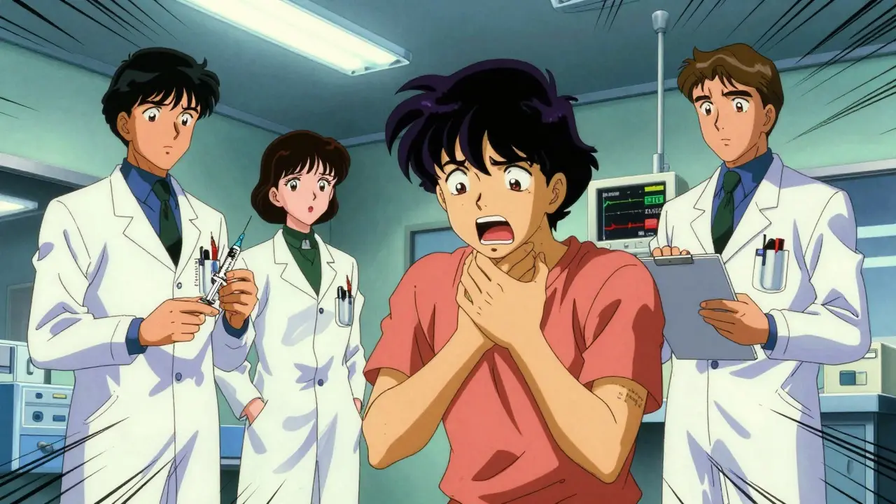 Emergency room scene with confused doctors and patient clutching throat, epinephrine syringe empty.